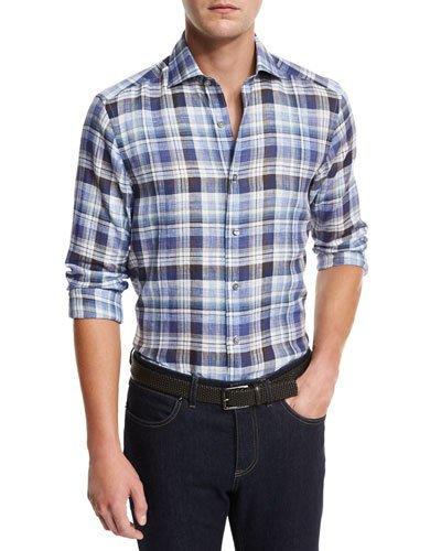 Plaid Linen Sport Shirt, Medium Blue Check