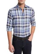 Plaid Linen Sport Shirt, Medium Blue Check