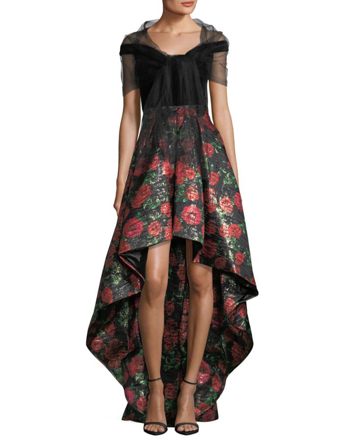 V-neck Velvet Bodice High-low Evening Gown W/ Floral Jacquard