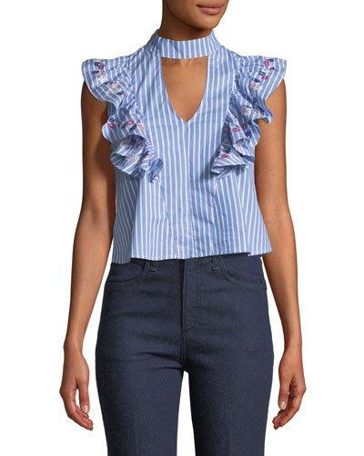 Embroidered Choker-neck Ruffle Blouse