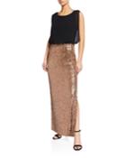 Mixed-media Blouson Sequin Twofer Column Gown