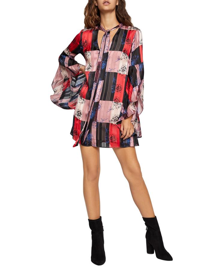 Colorblock Floral Flutter-sleeve A-line Dress
