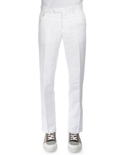 Linen-blend Flat-front Trousers, White