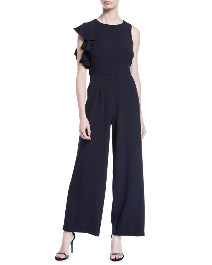 Ruffle-shoulder Crepe Wide-leg Jumpsuit