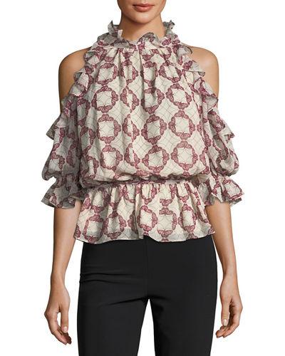 Butterfly-pirint Cold-shoulder Blouse