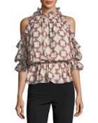 Butterfly-pirint Cold-shoulder Blouse