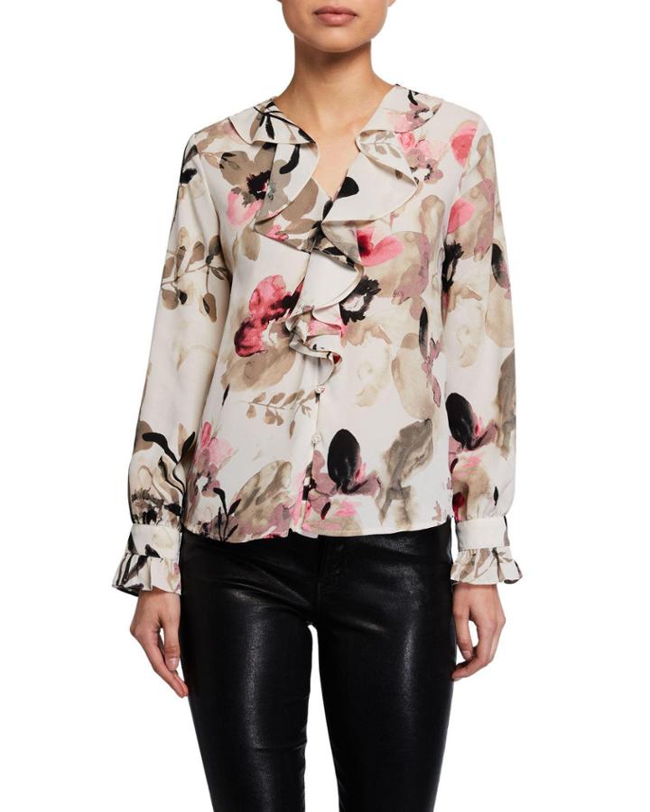 Printed Ruffle Button-down Blouse