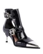 Leather Cutout Buckle Boots