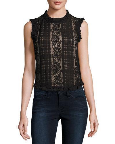 Sleeveless Plaid-lace Top, Black/nude