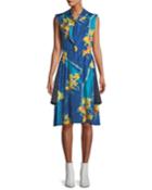 Sleeveless Tie-neck Two-layer Floral & Dot-print A-line
