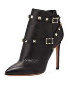 Rockstud Pebbled Strappy Boot, Black