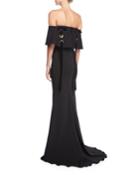 Off-the-shoulder Crepe Evening Gown W/ Velvet
