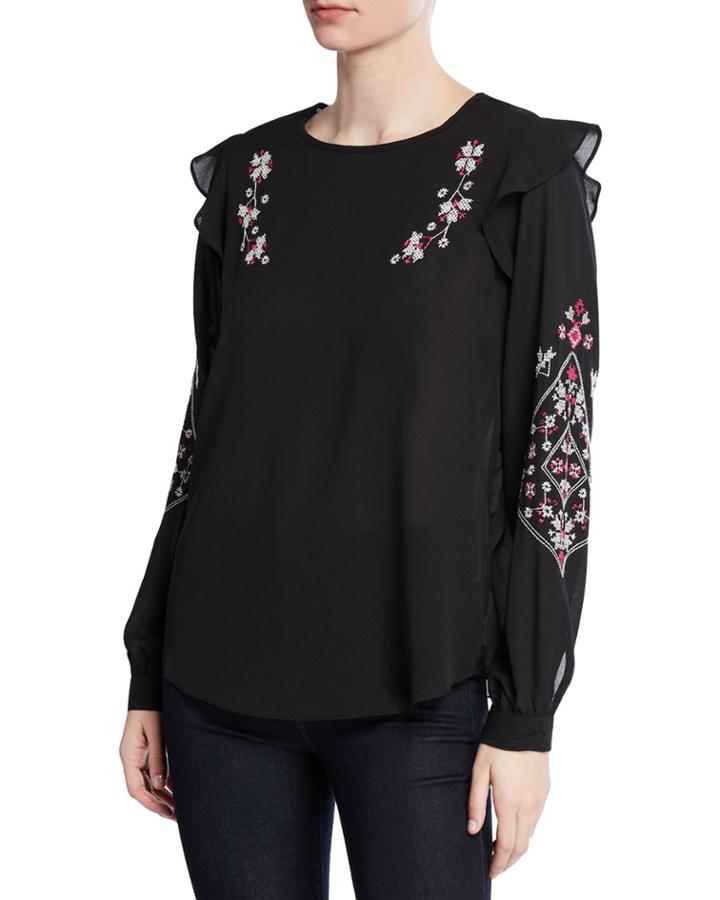 Embroidered Ruffle Chiffon Blouse