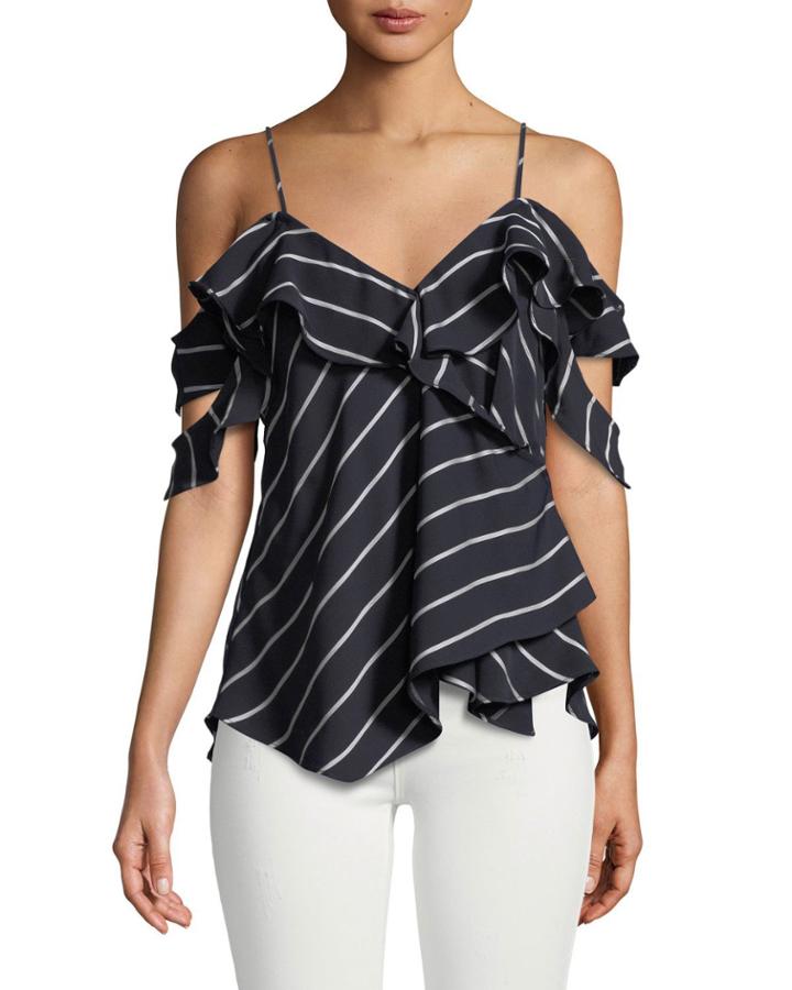 Cold-shoulder Pinstriped Ruffle-wrap Blouse, Blue/white