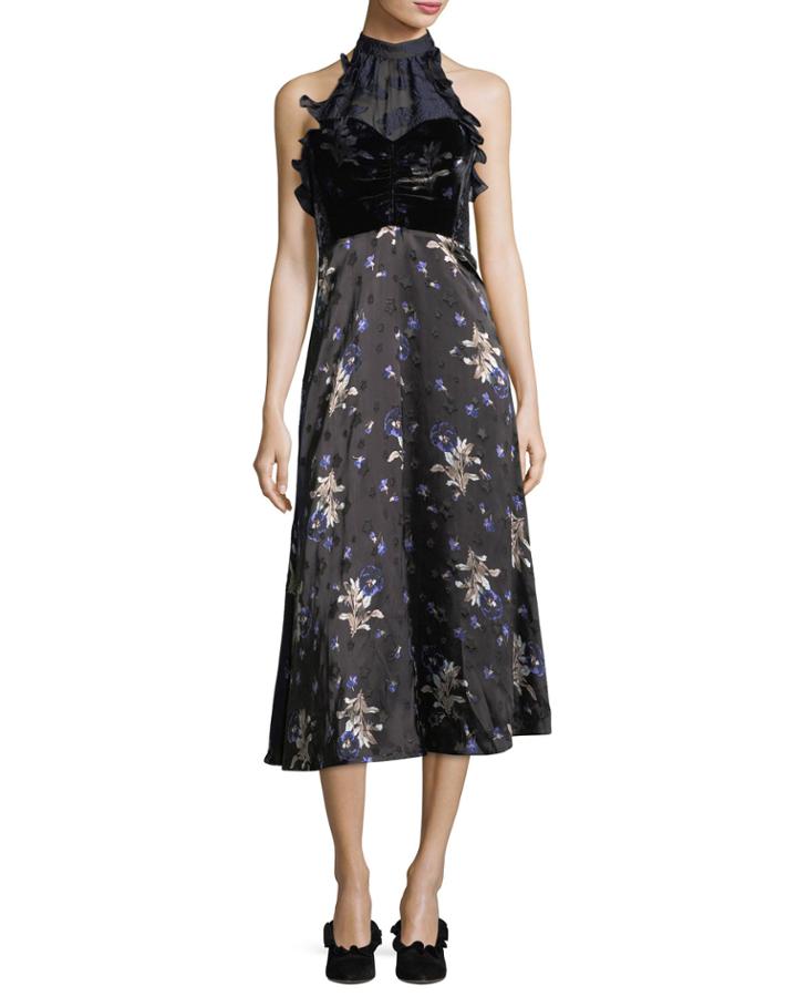 Sleeveless Halter A-line Velvet Printed