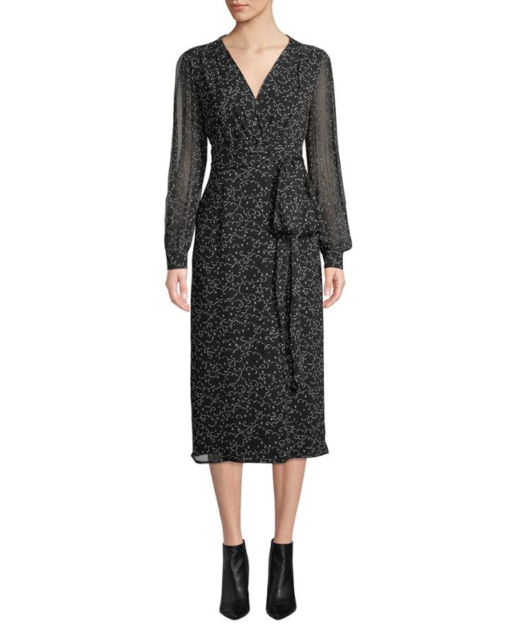 Long-sleeve Wrap-front Printed A-line