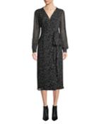 Long-sleeve Wrap-front Printed A-line