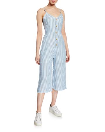 Striped Button-front Spaghetti-strap Cropped Jumpsuit