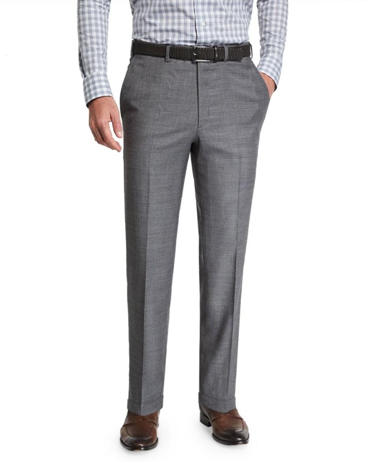 Men's Sharkskin Wool Flat-front Dress Pants