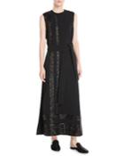 Sleeveless Long Paneled Sequin A-line Crepe Dress W/