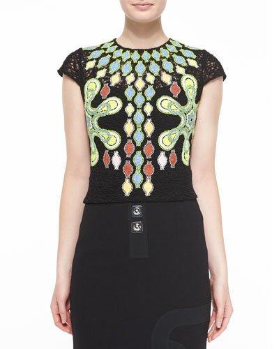 Cap-sleeve Embroidered Tunic Blouse, Black