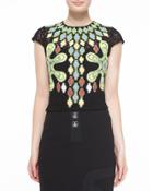 Cap-sleeve Embroidered Tunic Blouse, Black