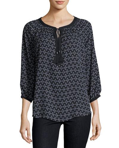 Printed Neck-tie Peasant Blouse