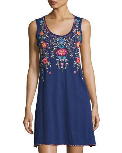 Floral-embroidered Tank Dress, Navy