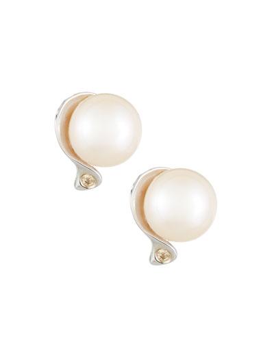 14k White Gold Freshwater Pearl & Diamond Stud Earrings,