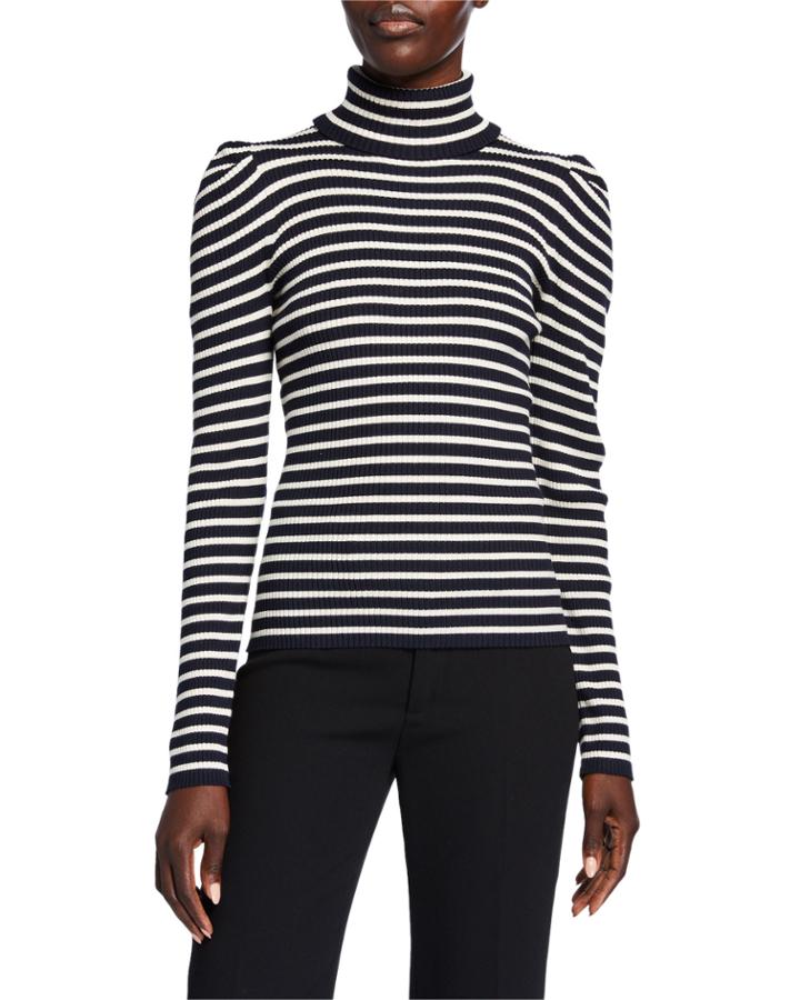 Striped Puff-sleeve Turtleneck