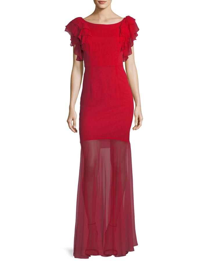 Jennie Ruffle-sleeve Sheer-skirt Gown