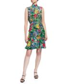 Fleur Mock-neck Tie-back Leopard Velvet Dress