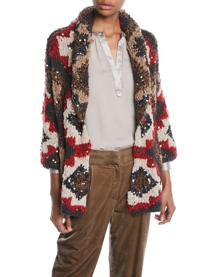 Shawl-collar Paillette Cashmere-blend Cable-knit Cardigan