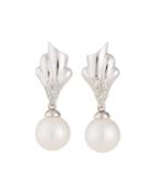 14k White Gold Pleated Diamond And Pearl Earrings, White
