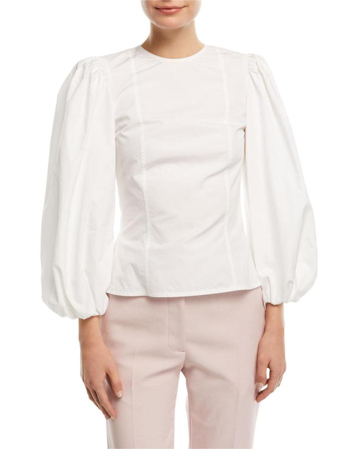 Crewneck Blouson-sleeve Fitted Poplin Top