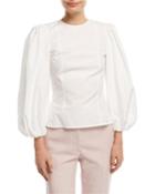 Crewneck Blouson-sleeve Fitted Poplin Top