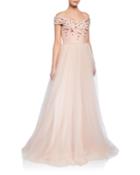 Off-the-shoulder Short-sleeve Tulle Ball Gown W/ Floral Appliques