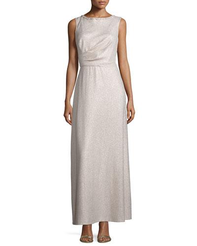 Cowl-back Sleeveless Gown, Gold/nude