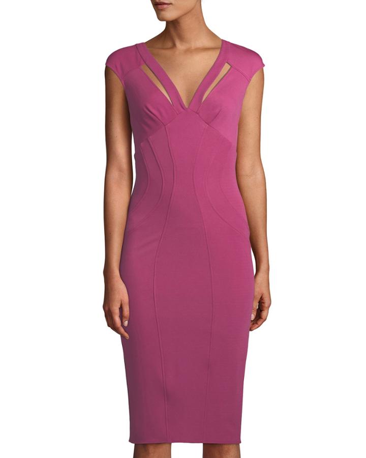 Joni Cap-sleeve V-cutout Fitted Dress