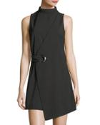 Belted High-neck Faux-wrap Dress