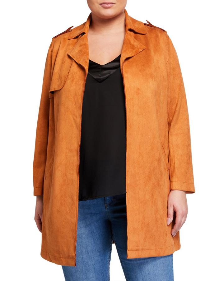 Plus Size Open-front Faux-suede Coat
