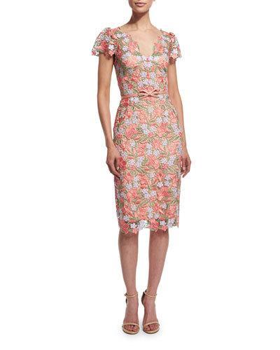 Short-sleeve Belted Lace Cocktail Dress