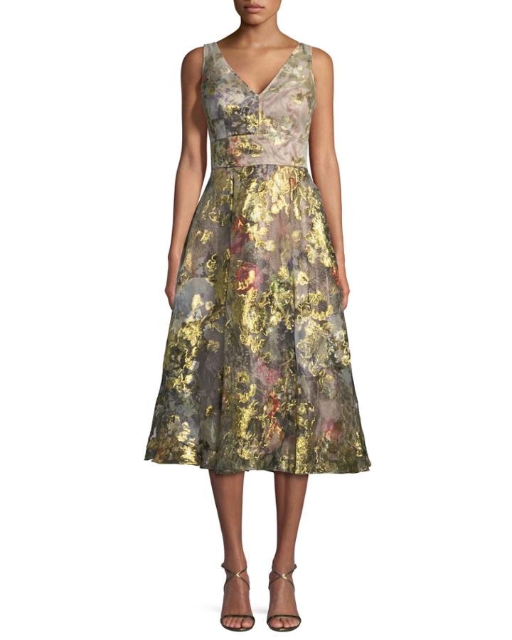 Floral V-neck A-line Midi Cocktail Dress
