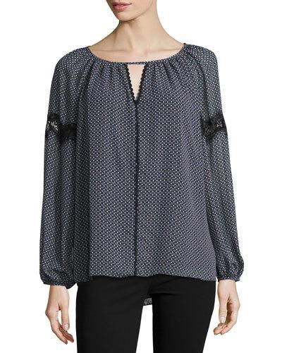 Printed Keyhole Peasant Blouse, Black Pattern