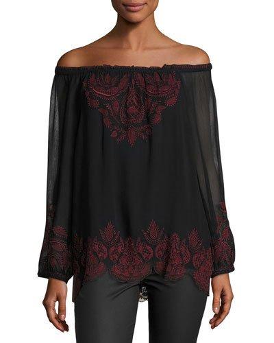 Ariena Off-the-shoulder Embroidered Blouse, Caviar/cabernet