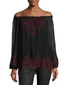 Ariena Off-the-shoulder Embroidered Blouse, Caviar/cabernet