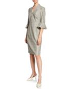 V-neck Glen-plaid Bell-sleeve Dress