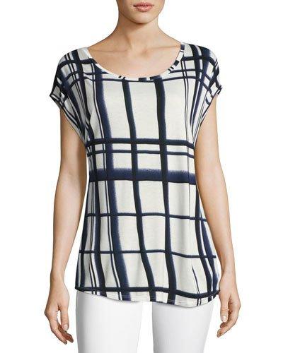 Grid-print Short-sleeve Cocoon Top, Off White