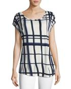 Grid-print Short-sleeve Cocoon Top, Off White