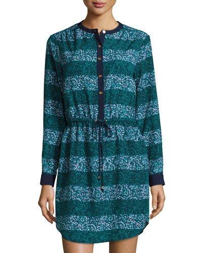 Printed Button-front Shirtdress, Island Green